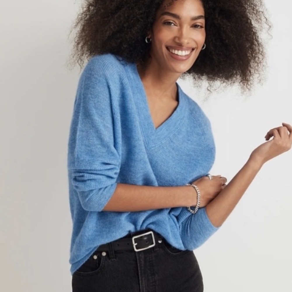 BOGO! Madewell Ribbed Knit Alpaca Blend V Neck Sweater Heather Blue Size XXL